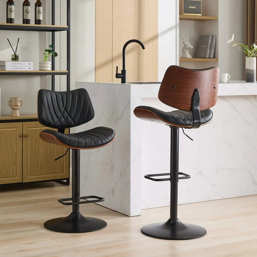 Walnut Bentwood Bar Stools Mid Century Modern Adjustable Counter Height Black Leather Upholstered 360°Swivel Bar Chairs for Kitchen Island/Dining Room/Cafe, 1 chair/1carton,Black Default -DTYStore
