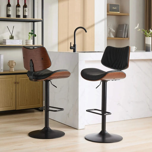 Walnut Bentwood Bar Stools Mid Century Modern Adjustable Counter Height Black Leather Upholstered 360°Swivel Bar Chairs for Kitchen Island/Dining Room/Cafe, 1 chair/1carton,Black Default -DTYStore