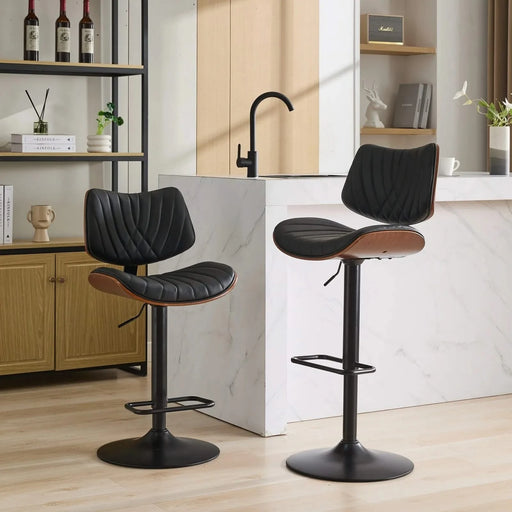 Walnut Bentwood Bar Stools Mid Century Modern Adjustable Counter Height Black Leather Upholstered 360°Swivel Bar Chairs for Kitchen Island/Dining Room/Cafe, 1 chair/1carton,Black Default -DTYStore