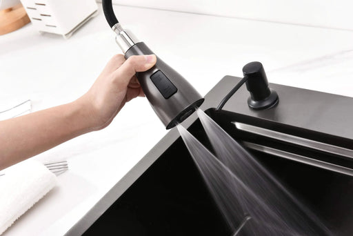 Waterfall Kitchen Sink, Stainless Steel Single Bowl in Black, Multifunctional Workstation with Flying-rain Faucet and Cutting Board, 30×18″ Stainless Steel Single Bowl Sink, LS-SSBL05 Default -DTYStore