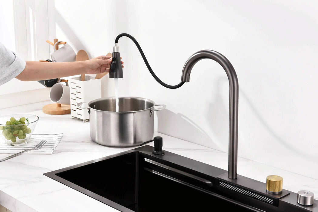Waterfall Kitchen Sink, Stainless Steel Single Bowl in Black, Multifunctional Workstation with Flying-rain Faucet and Cutting Board, 30×18″ Stainless Steel Single Bowl Sink, LS-SSBL05- DTY Store