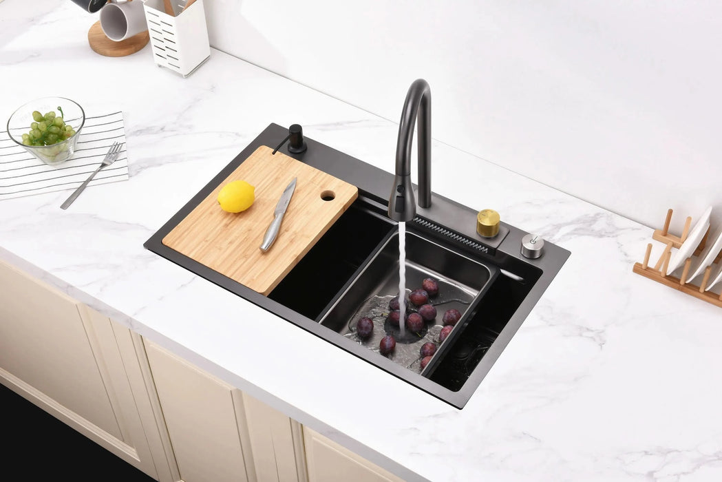 Waterfall Kitchen Sink, Stainless Steel Single Bowl in Black, Multifunctional Workstation with Flying-rain Faucet and Cutting Board, 30×18″ Stainless Steel Single Bowl Sink, LS-SSBL05 - DTY Store