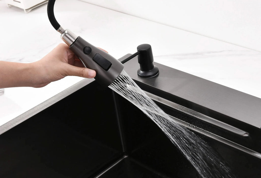 Waterfall Kitchen Sink, Stainless Steel Single Bowl in Black, Multifunctional Workstation with Flying-rain Faucet and Cutting Board, 30×18″ Stainless Steel Single Bowl Sink, LS-SSBL05 - DTY Store