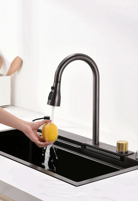 Waterfall Kitchen Sink, Stainless Steel Single Bowl in Black, Multifunctional Workstation with Flying-rain Faucet and Cutting Board, 30×18″ Stainless Steel Single Bowl Sink, LS-SSBL05 - DTY Store