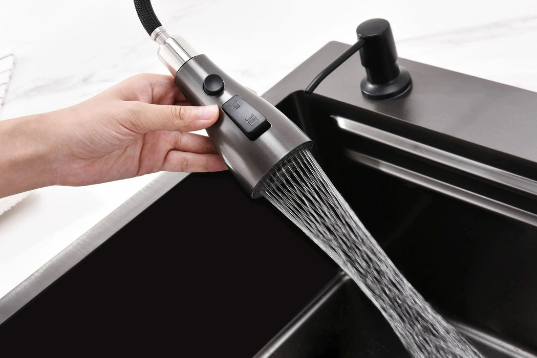 Waterfall Kitchen Sink, Stainless Steel Single Bowl in Black, Multifunctional Workstation with Flying-rain Faucet and Cutting Board, 30×18″ Stainless Steel Single Bowl Sink, LS-SSBL05- DTY Store