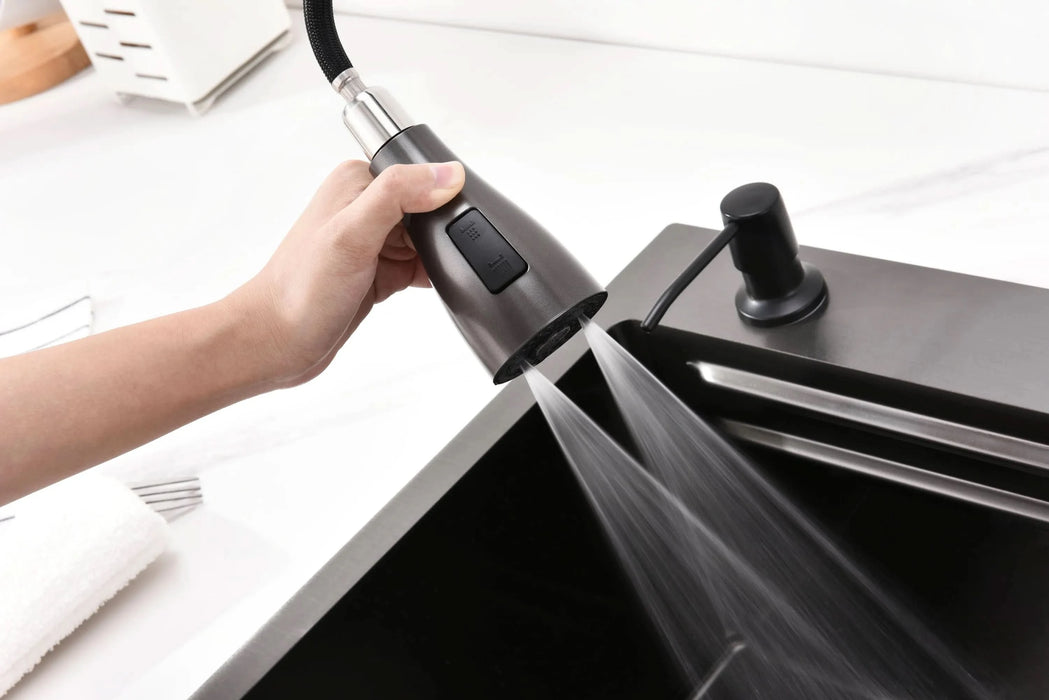 Waterfall Kitchen Sink, Stainless Steel Single Bowl in Black, Multifunctional Workstation with Flying-rain Faucet and Cutting Board, 30×18″ Stainless Steel Single Bowl Sink, LS-SSBL05- DTY Store