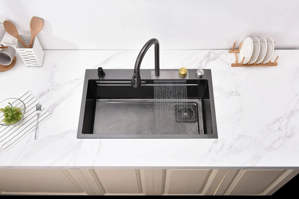Waterfall Kitchen Sink, Stainless Steel Single Bowl in Black, Multifunctional Workstation with Flying-rain Faucet and Cutting Board, 30×18″ Stainless Steel Single Bowl Sink, LS-SSBL05 - DTY Store