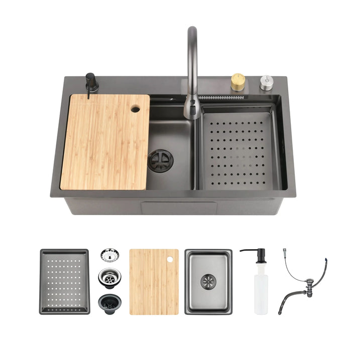 Waterfall Kitchen Sink, Stainless Steel Single Bowl in Black, Multifunctional Workstation with Flying-rain Faucet and Cutting Board, 30×18″ Stainless Steel Single Bowl Sink, LS-SSBL05- DTY Store