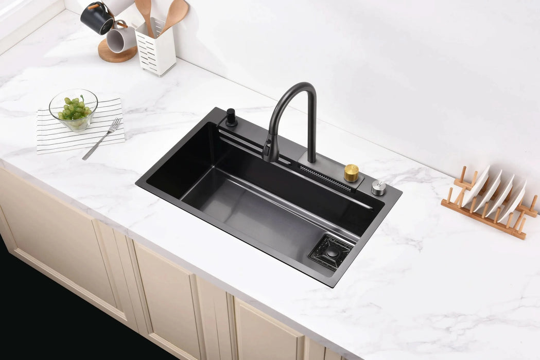Waterfall Kitchen Sink, Stainless Steel Single Bowl in Black, Multifunctional Workstation with Flying-rain Faucet and Cutting Board, 30×18″ Stainless Steel Single Bowl Sink, LS-SSBL05- DTY Store