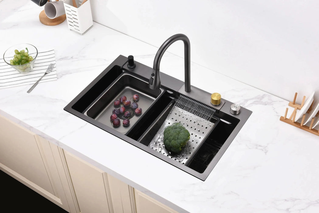 Waterfall Kitchen Sink, Stainless Steel Single Bowl in Black, Multifunctional Workstation with Flying-rain Faucet and Cutting Board, 30×18″ Stainless Steel Single Bowl Sink, LS-SSBL05 - DTY Store