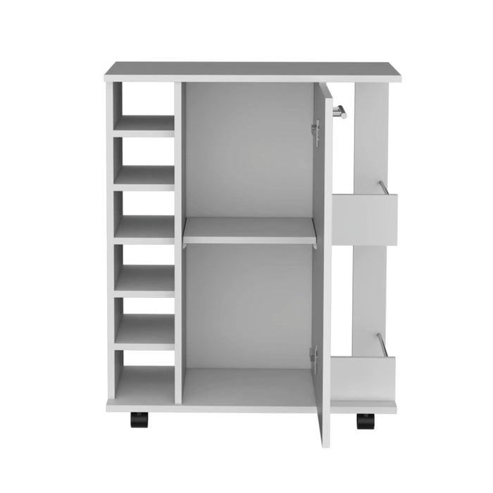 White 4-wheel bar cart cabinet for kitchen or living room, with 6 side built-in bottle racks, 1 interior shelve, 2 side shelves, 2 space with wood door to store glasses, cups, coffee or snacks. Default -DTYStore