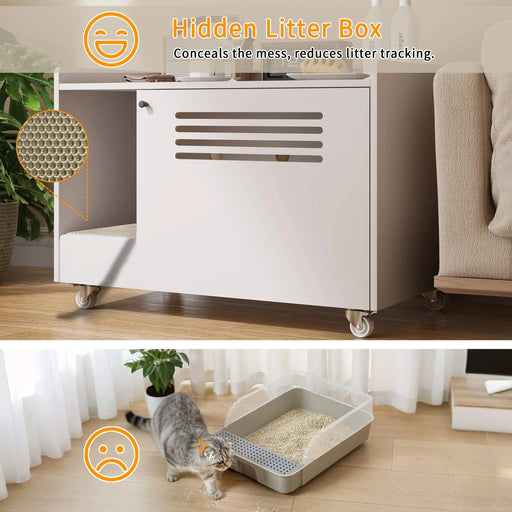 White Cat Litter Box Enclosure,Hidden Litter Box Furniture with top side fence,Wooden Pet House Side End Table, Storage Cabinet Bench for Living Room,,Bedroom, Fit Most of Litter Box Default -DTYStore