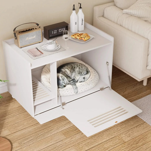 White Cat Litter Box Enclosure,Hidden Litter Box Furniture with top side fence,Wooden Pet House Side End Table, Storage Cabinet Bench for Living Room,,Bedroom, Fit Most of Litter Box Default -DTYStore