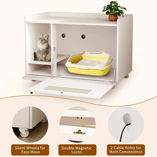 White Cat Litter Box Enclosure,Hidden Litter Box Furniture with top side fence,Wooden Pet House Side End Table, Storage Cabinet Bench for Living Room,,Bedroom, Fit Most of Litter Box Default -DTYStore