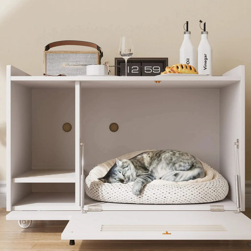 White Cat Litter Box Enclosure,Hidden Litter Box Furniture with top side fence,Wooden Pet House Side End Table, Storage Cabinet Bench for Living Room,,Bedroom, Fit Most of Litter Box Default -DTYStore