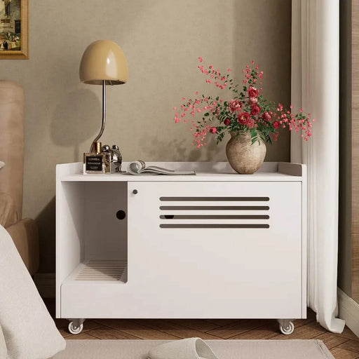 White Cat Litter Box Enclosure,Hidden Litter Box Furniture with top side fence,Wooden Pet House Side End Table, Storage Cabinet Bench for Living Room,,Bedroom, Fit Most of Litter Box Default -DTYStore