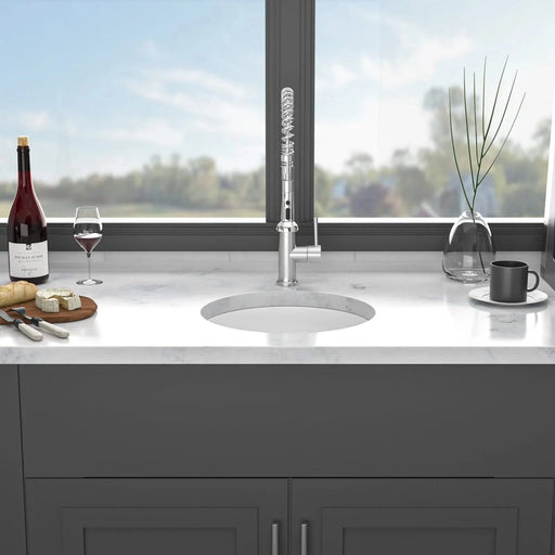 White Ceramic Circular Kitchen Sink with Drain Assembly and Bottom Grid, 18-Inch Dual Mount Default -DTYStore