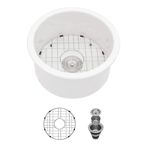 White Ceramic Circular Kitchen Sink with Drain Assembly and Bottom Grid, 18-Inch Dual Mount Default -DTYStore
