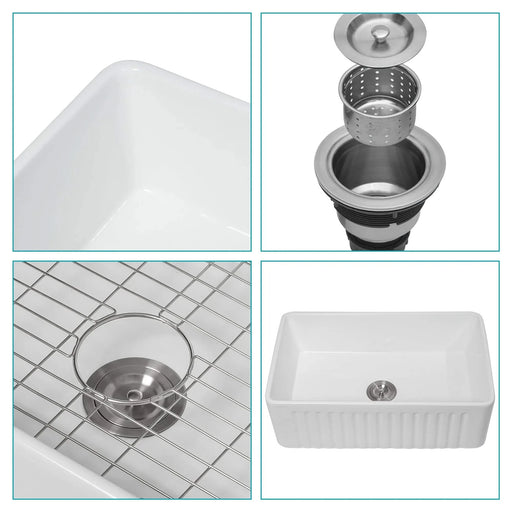 White Farmhouse Sink - 30 inch Kitchen Sink Apron-front White Ceramic Reversible Single Bowl Kitchen Farm Sinks Default -DTYStore