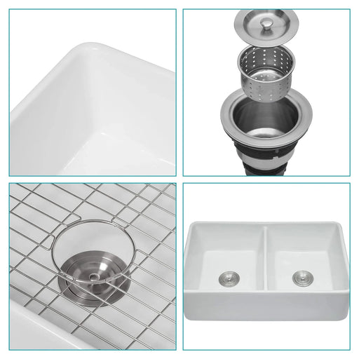 White Farmhouse Sink - 32 inches Ceramic Double Bowl Farm Apron Front Kitchen Sink Default -DTYStore