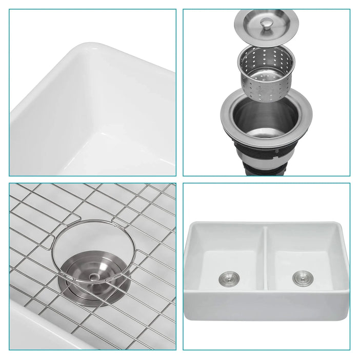 White Farmhouse Sink - 32 inches Ceramic Double Bowl Farm Apron Front Kitchen Sink Default -DTYStore