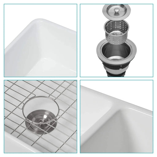 White Farmhouse Sink - 33 Inch Kitchen Sink Apron Front Double Bowl 50/50 White Ceramic Kitchen Farm Sink Default -DTYStore