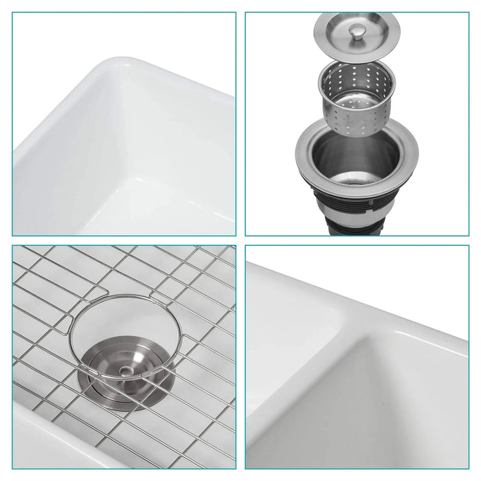 White Farmhouse Sink - 33 Inch Kitchen Sink Apron Front Double Bowl 50/50 White Ceramic Kitchen Farm Sink Default -DTYStore