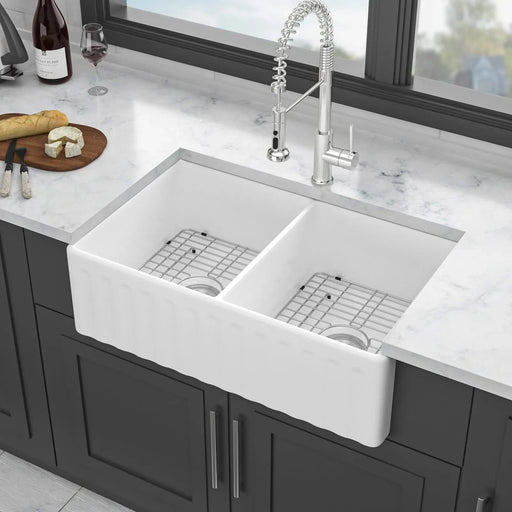 White Farmhouse Sink - 33 inch White Ceramic Double Bowl Farm Kitchen Sink Default -DTYStore