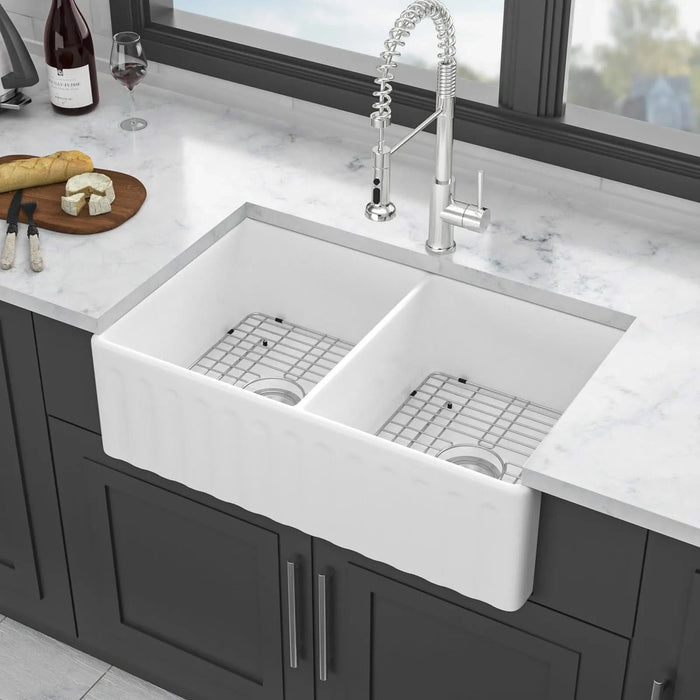 White Farmhouse Sink - 33 inch White Ceramic Double Bowl Farm Kitchen Sink Default -DTYStore