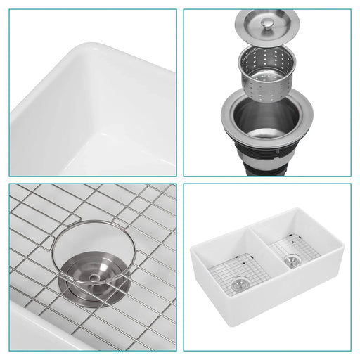 White Farmhouse Sink - 33 inch White Ceramic Double Bowl Farm Kitchen Sink Default -DTYStore