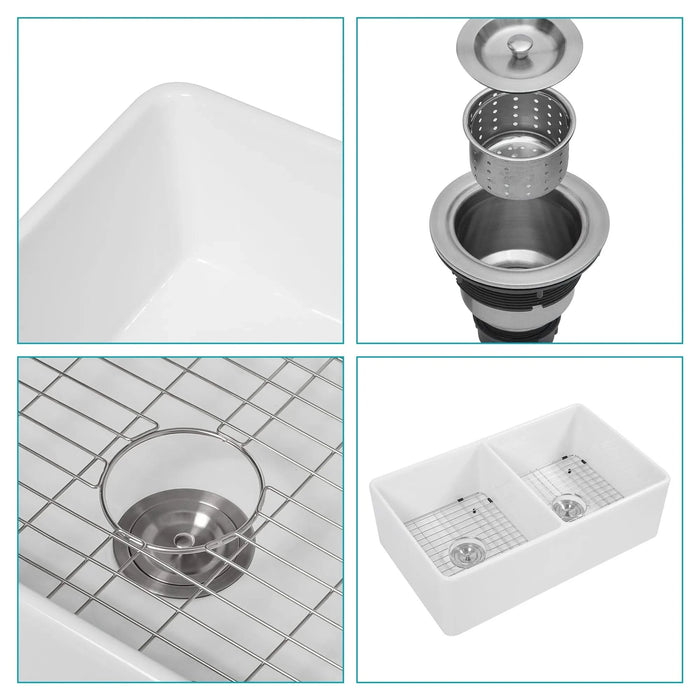 White Farmhouse Sink - 33 inch White Ceramic Double Bowl Farm Kitchen Sink Default -DTYStore