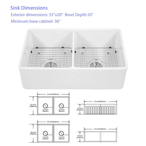 White Farmhouse Sink - 33 inch White Ceramic Double Bowl Farm Kitchen Sink Default -DTYStore
