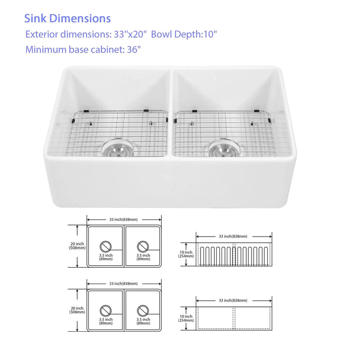 White Farmhouse Sink - 33 inch White Ceramic Double Bowl Farm Kitchen Sink Default -DTYStore