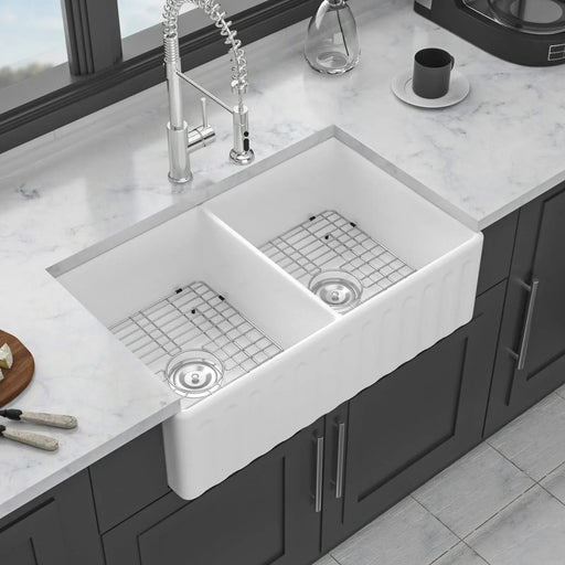 White Farmhouse Sink - 33 inch White Ceramic Double Bowl Farm Kitchen Sink Default -DTYStore