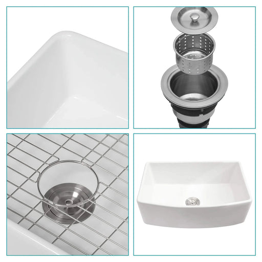 White Farmhouse Sink - 33 inch White Kitchen Sink Ceramic Arch Edge Apron Front Single Bowl Farm Kitchen Sinks Default -DTYStore