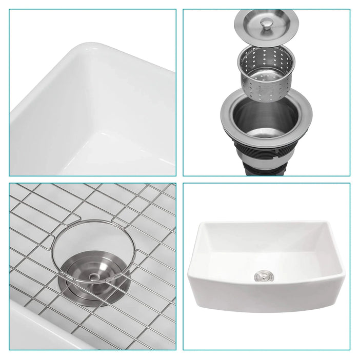 White Farmhouse Sink - 33 inch White Kitchen Sink Ceramic Arch Edge Apron Front Single Bowl Farm Kitchen Sinks Default -DTYStore