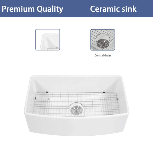 White Farmhouse Sink - 33 inch White Kitchen Sink Ceramic Arch Edge Apron Front Single Bowl Farm Kitchen Sinks Default -DTYStore