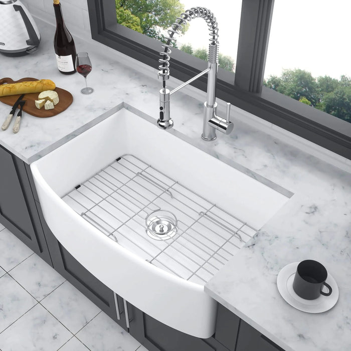 White Farmhouse Sink - 33 inch White Kitchen Sink Ceramic Arch Edge Apron Front Single Bowl Farm Kitchen Sinks Default -DTYStore