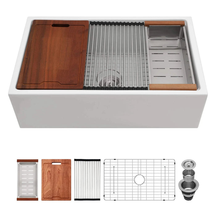 White Farmhouse Sink Workstation - 30 x 20 inch Ceramic Single Bowl Kitchen Sink with Accessories Default -DTYStore