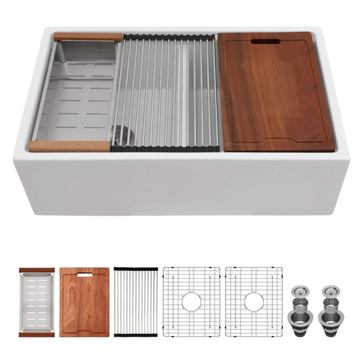 White Farmhouse Sink Workstation - 33 inch Ceramic Double Bowl Kitchen Sink with Ledges Default -DTYStore