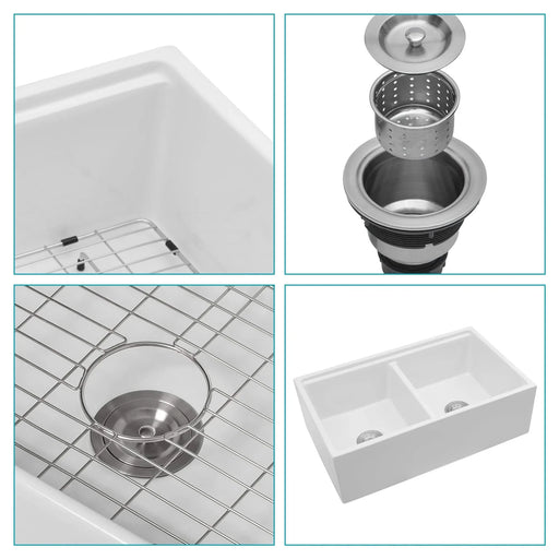 White Farmhouse Sink Workstation - 33 inch Ceramic Double Bowl Kitchen Sink with Ledges Default -DTYStore