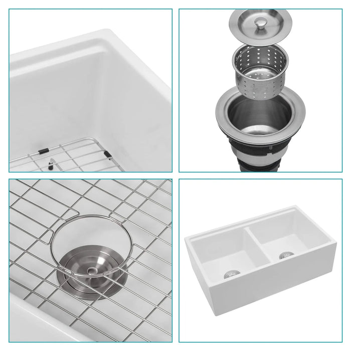 White Farmhouse Sink Workstation - 33 inch Ceramic Double Bowl Kitchen Sink with Ledges Default -DTYStore