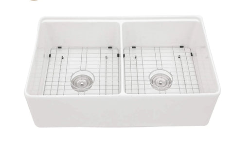 White Farmhouse Sink Workstation - 33 inch White Ceramic Double Bowl Farm Kitchen Sink Default -DTYStore