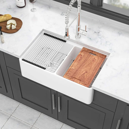 White Farmhouse Sink Workstation - 33 inch White Ceramic Double Bowl Farm Kitchen Sink Default -DTYStore