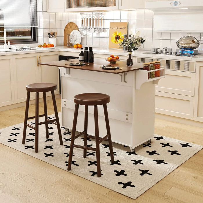White Kitchen Island Cart with Foldable Tabletop & Drop Leaf - Mobile Breakfast Bar with Wood Top and Storage Default -DTYStore