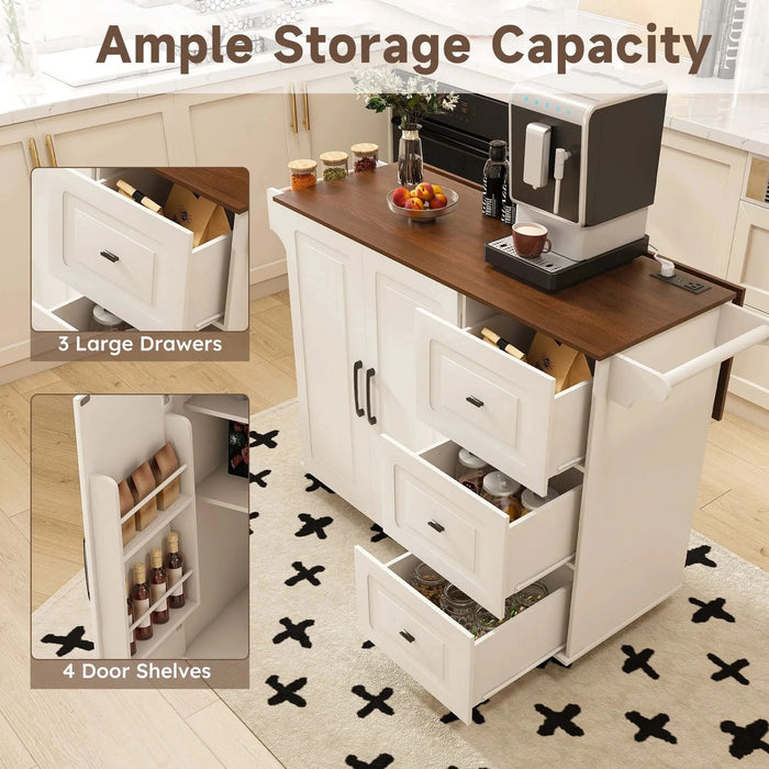 White Kitchen Island Cart with Foldable Tabletop & Drop Leaf - Mobile Breakfast Bar with Wood Top and Storage Default -DTYStore