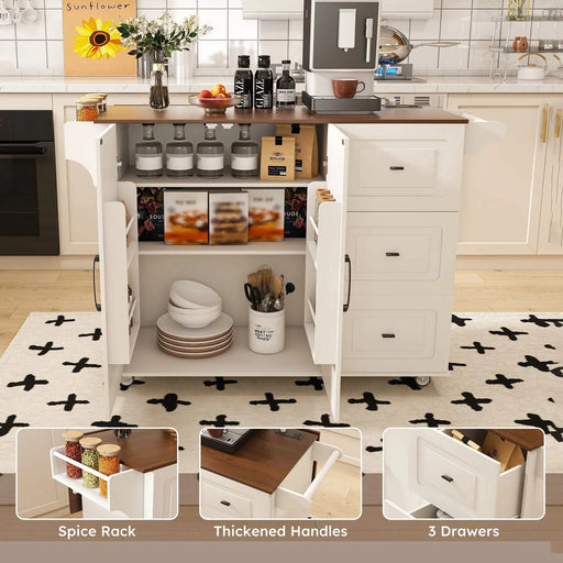 White Kitchen Island Cart with Foldable Tabletop & Drop Leaf - Mobile Breakfast Bar with Wood Top and Storage Default -DTYStore