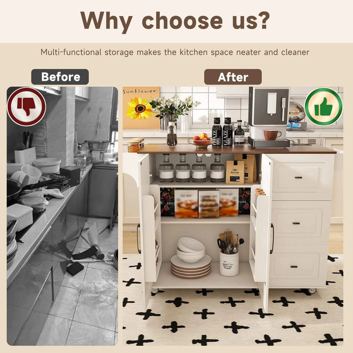 White Kitchen Island Cart with Foldable Tabletop & Drop Leaf - Mobile Breakfast Bar with Wood Top and Storage Default -DTYStore