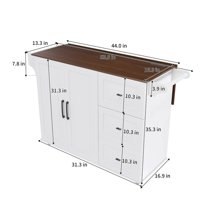 White Kitchen Island Cart with Foldable Tabletop & Drop Leaf - Mobile Breakfast Bar with Wood Top and Storage Default -DTYStore