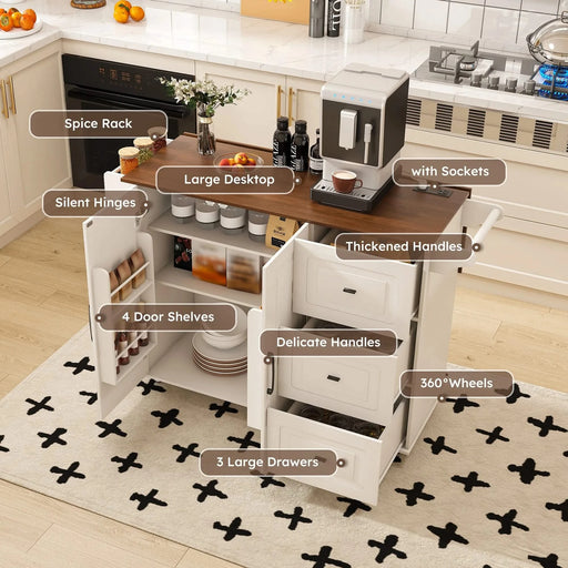 White Kitchen Island Cart with Foldable Tabletop & Drop Leaf - Mobile Breakfast Bar with Wood Top and Storage Default -DTYStore